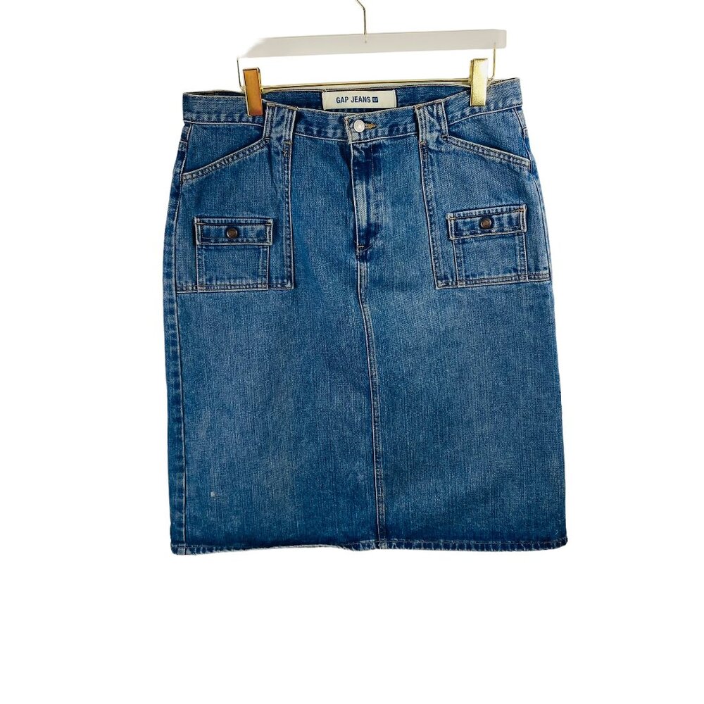 Vintage GAP Denim Utility Skirt Womens 16 Blue Pockets Slit Made In USA Y2K 90s